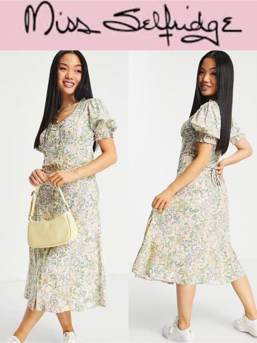 MISS SELFRIDGE PETITE FLORAL PUFF SLEEVE MIDI DRESS COTTAGECORE PRAIRIE SIZE 4P